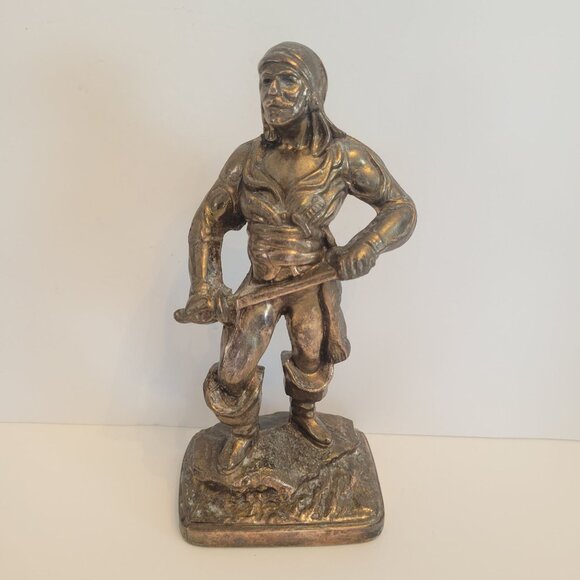 Vintage Brass Pirate Figurine Sculpture Holding Sword 8" Tall Nautical Decor - Picture 1 of 8